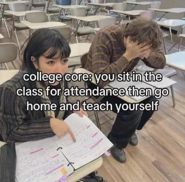 college core: you sit in the class for attendance then go home and teach yourself