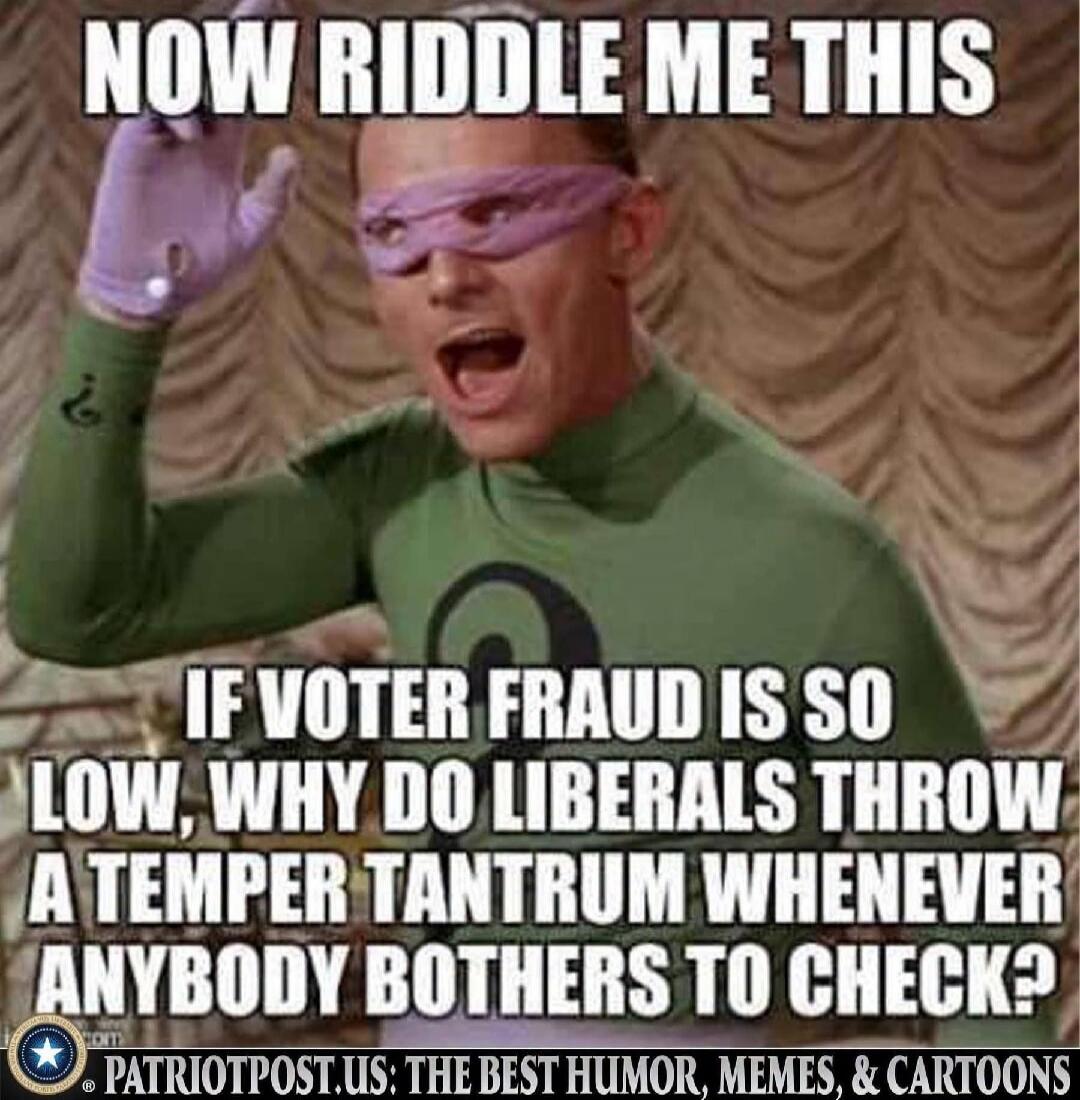 NOW RIDDLE ME THIS IF VOTER FRAUD IS SO LOW, WHY DO LIBERALS THROW A TEMPER TANTRUM WHENEVER ANYBODY BOTHERS TO CHECK? PATRIOTPOST.US: THE BEST HUMOR, MEMES, & CARTOONS