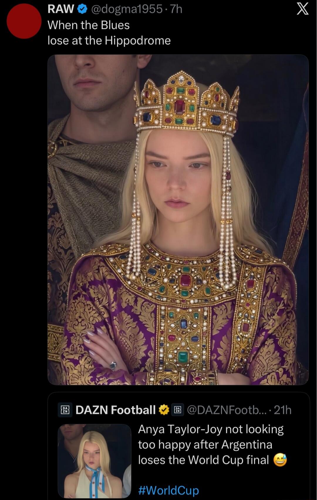 When the Blues lose at the Hippodrome. Anya Taylor-Joy not looking too happy after Argentina loses the World Cup final. #WorldCup