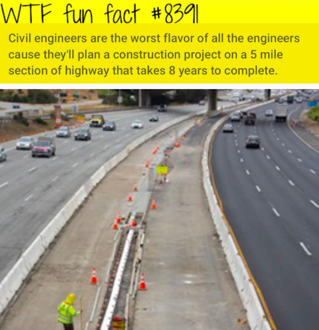 WTF fun fact 8534 Civil engineers are the worst flavor of all the engineers cause theyll plan a construction project on a 5 mile section of highway that takes 8 years to complete