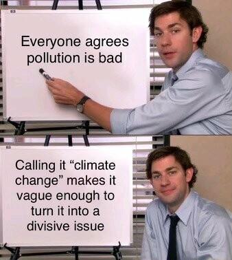 Everyone agrees pollution is bad Calling it climate change makes it vague enough to turnitinto a divisive issue