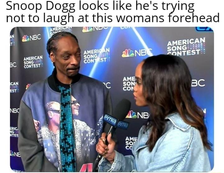 Snoop Dogg looks like hes tryin not to laugh at this womans forehead