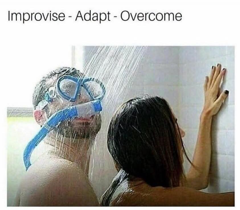 Improvise - Adapt - Overcome. A man wearing a snorkeling mask and snorkel is showering with a woman.