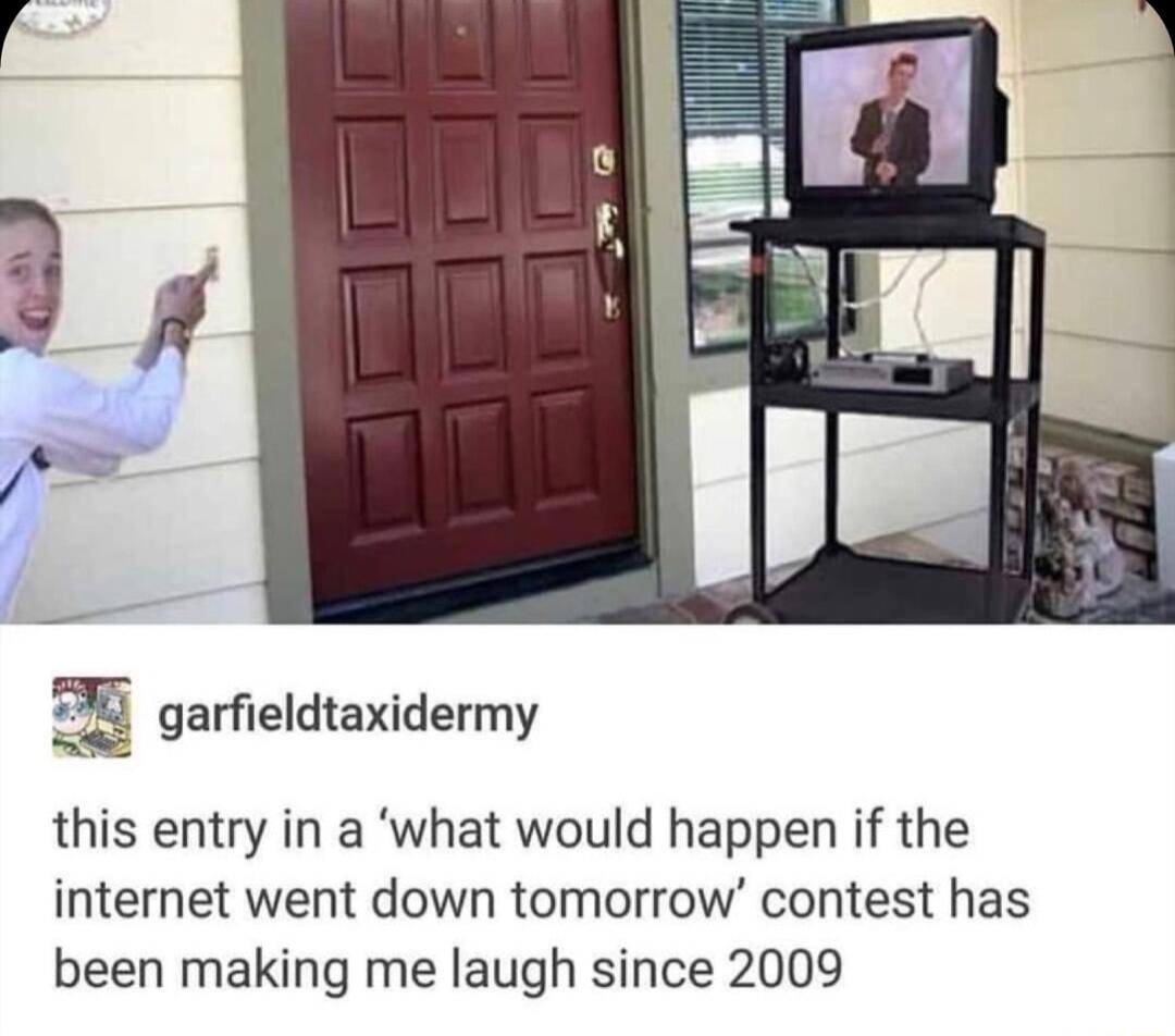 i garfieldtaxidermy this entry in a what would happen if the internet went down tomorrow contest has been making me laugh since 2009