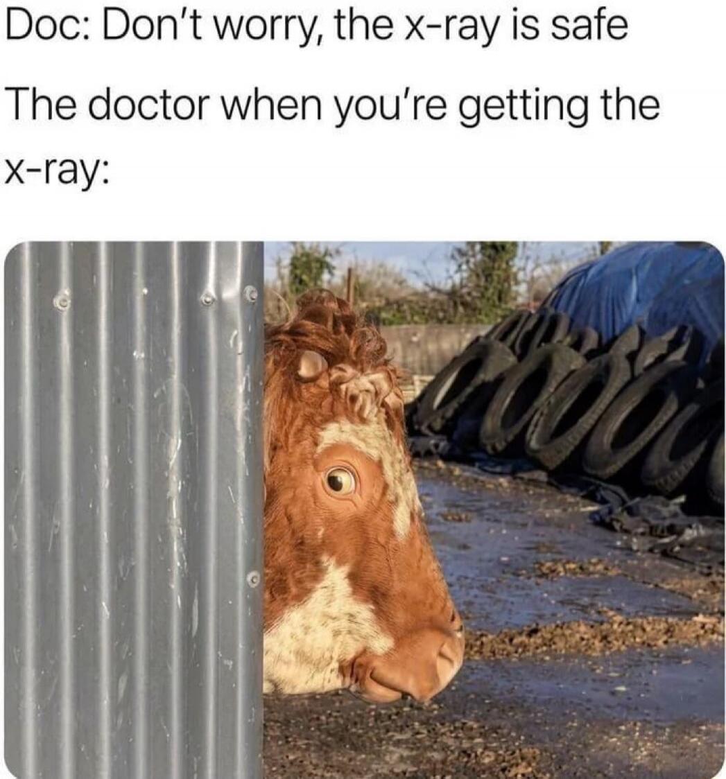 Doc: Don't worry, the x-ray is safe. The doctor when you're getting the x-ray: