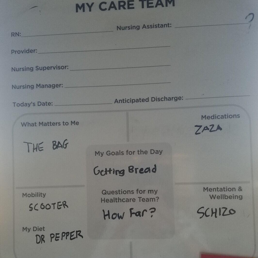 AN Nursing Assistant proii Nursing Supervisor n ooy Oote ___ Anticipated Discharge what Matters to Mo Madication zpTs THe B My Goals for the Day Getting Bread Mabily GQuastions for my Mantation SCsOTER Haaithcare Team Wellbeing How Far Senize vy Diet R PEPPER