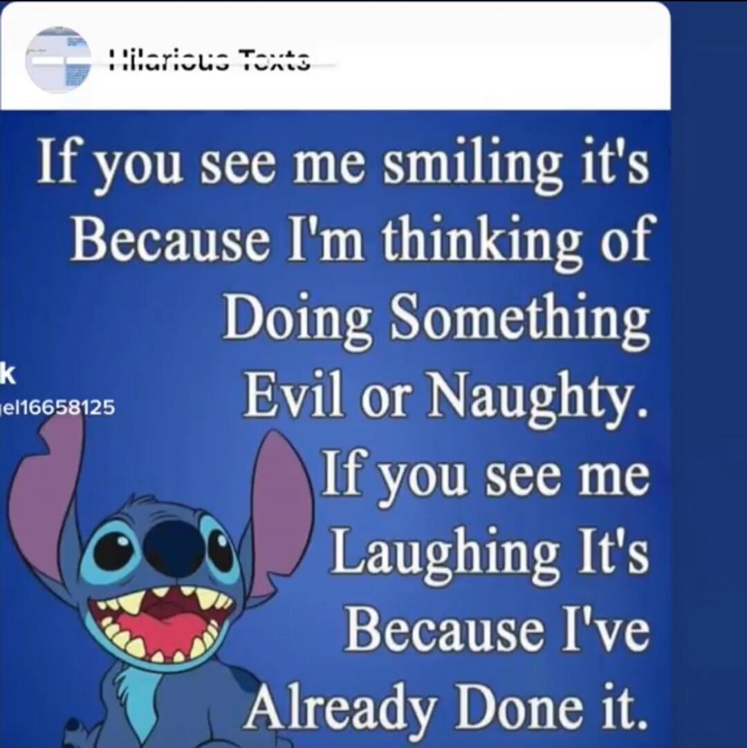 If you see me smiling it's Because I'm thinking of Doing Something Evil or Naughty. If you see me Laughing It's Because I've Already Done it.