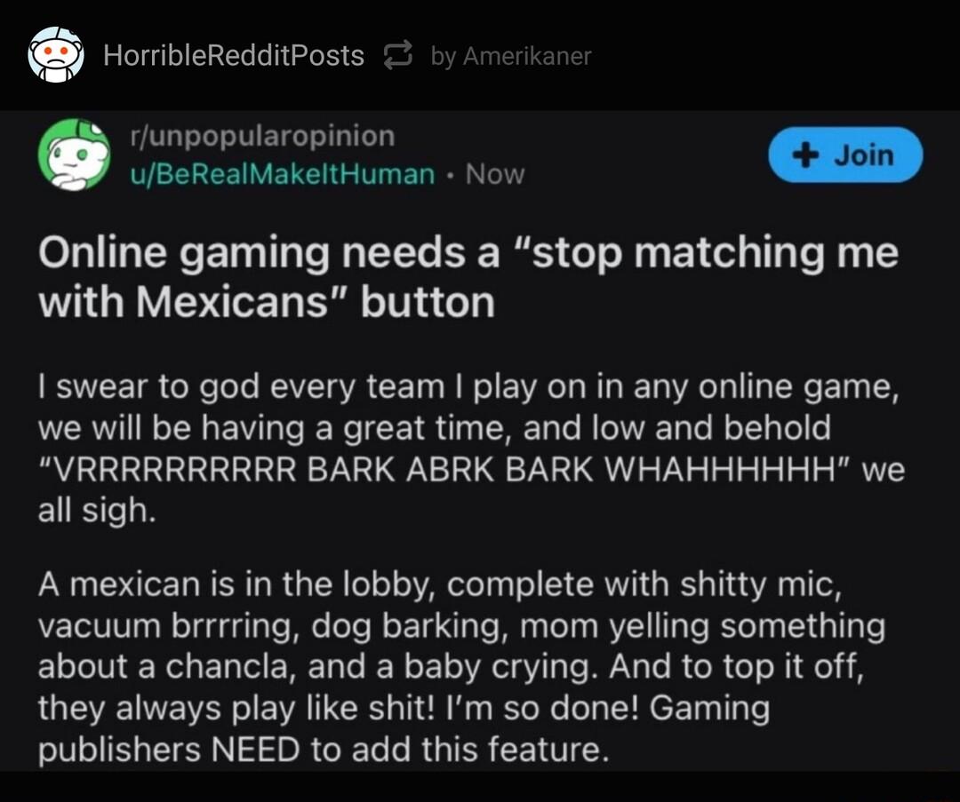 orbieredaiposts rjunpopularopinion u uBeRealMakeltHuman Now Online gaming needs a stop matching me with Mexicans button I swear to god every team play on in any online game we will be having a great time and low and behold VRRRRRRRRRR BARK ABRK BARK WHAHHHHHH we all sigh A mexican s in the lobby complete with shitty mic vacuum brrrring dog barking mom yelling something about a chancla and a baby c