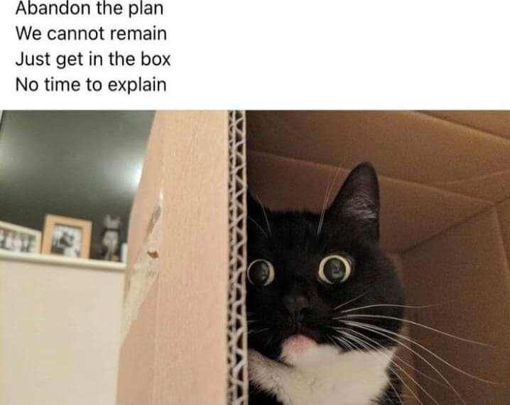 Abanaon the plan We cannot remain Just get in the box No time to explain