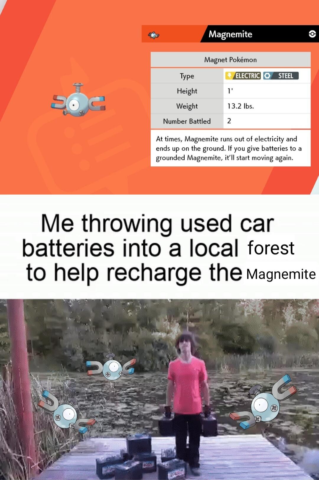 c Magnemite E Type Height weight 1328 Nonber Boted 2 Me throwing used car batteries into a local forest to help recharge the magnemite