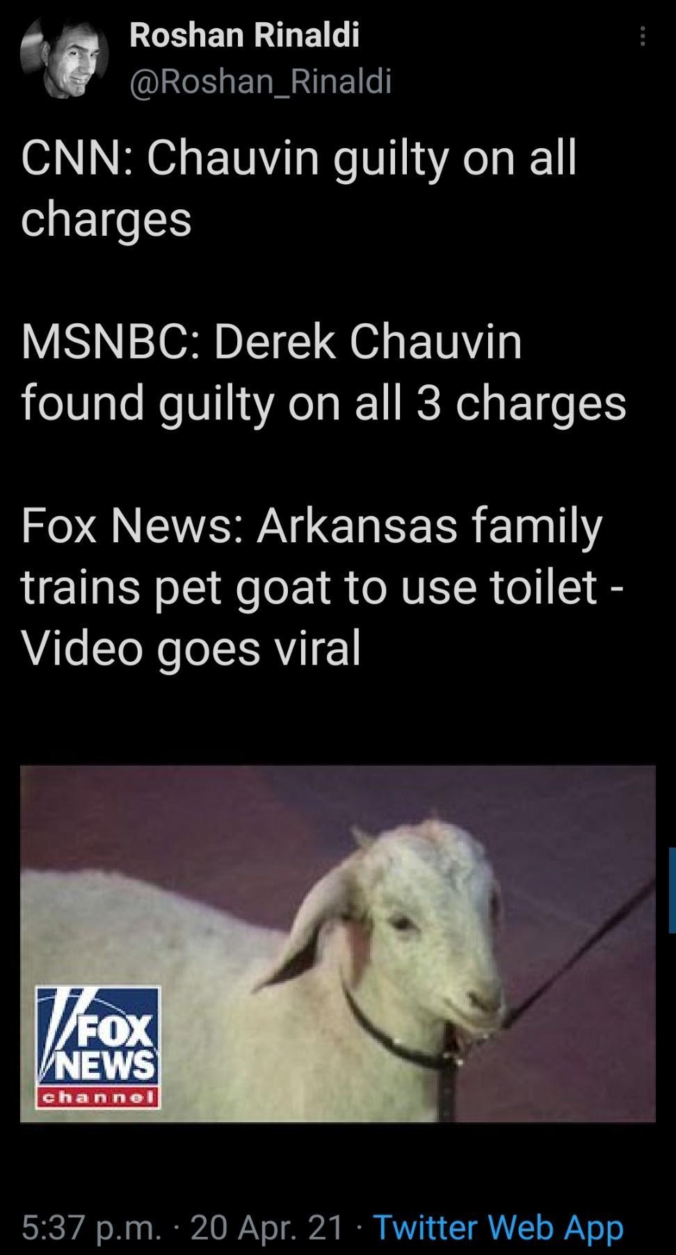 RO ERRMDE N Roshan_Rinaldi CNN Chauvin guilty on all SETe1S MSNBC Derek Chauvin found guilty on all 3 charges G WS CIEERR el trains pet goat to use toilet Video goes viral SRS WA o 0 d MR O IV o 72 NN KWV 2 T QAT o Y o o