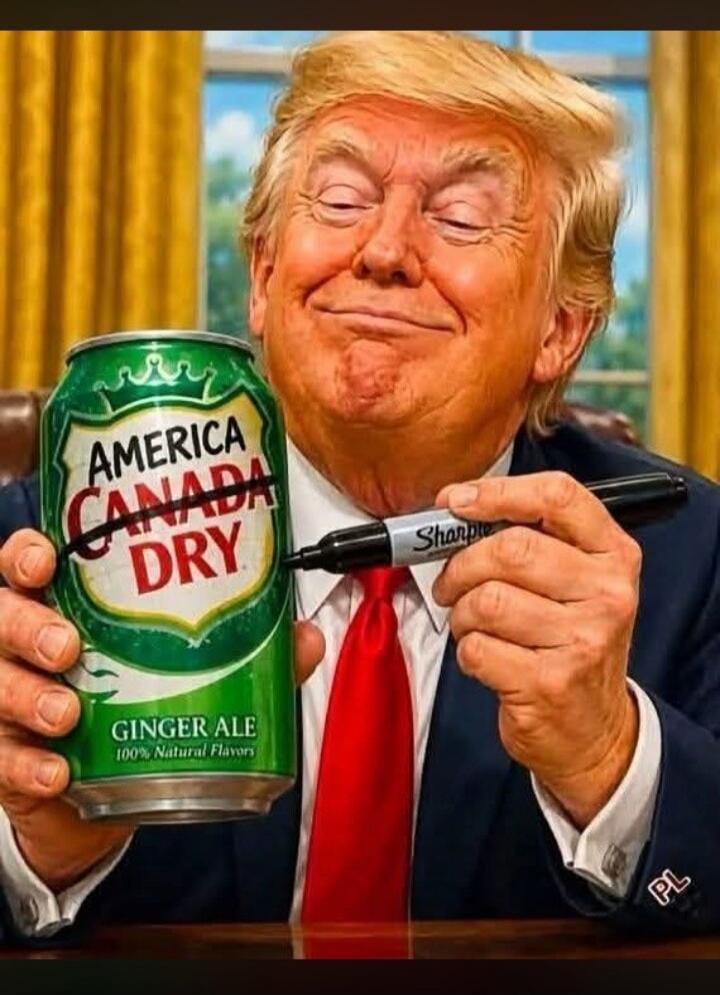 Donald Trump is seen holding a can of Canada Dry Ginger Ale. He has used a Sharpie marker to cross out 'Canada' and write 'America' above it, making it read 'America Dry'. The can also says 'Ginger Ale' and '100% Natural Flavors'. The marker itself is a 'Sharpie'.