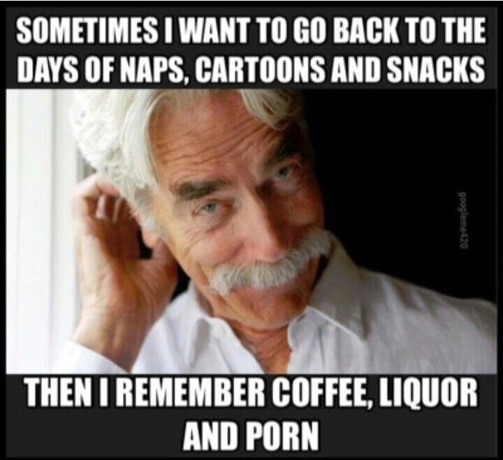 SOMETIMES I WANT TO GO BACK TO THE DAYS OF NAPS, CARTOONS AND SNACKS THEN I REMEMBER COFFEE, LIQUOR AND PORN