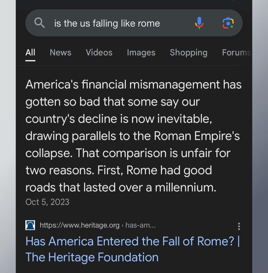 Q is the us falling like rome 4y Al News Videos Images Shopping Forur Americas financial mismanagement has gotten so bad that some say our countrys decline is now inevitable drawing parallels to the Roman Empires collapse That comparison is unfair for two reasons First Rome had good roads that lasted over a millennium Oct 52023 R Has America Entered the Fall of Rome QLRI 2ol Te Elilely