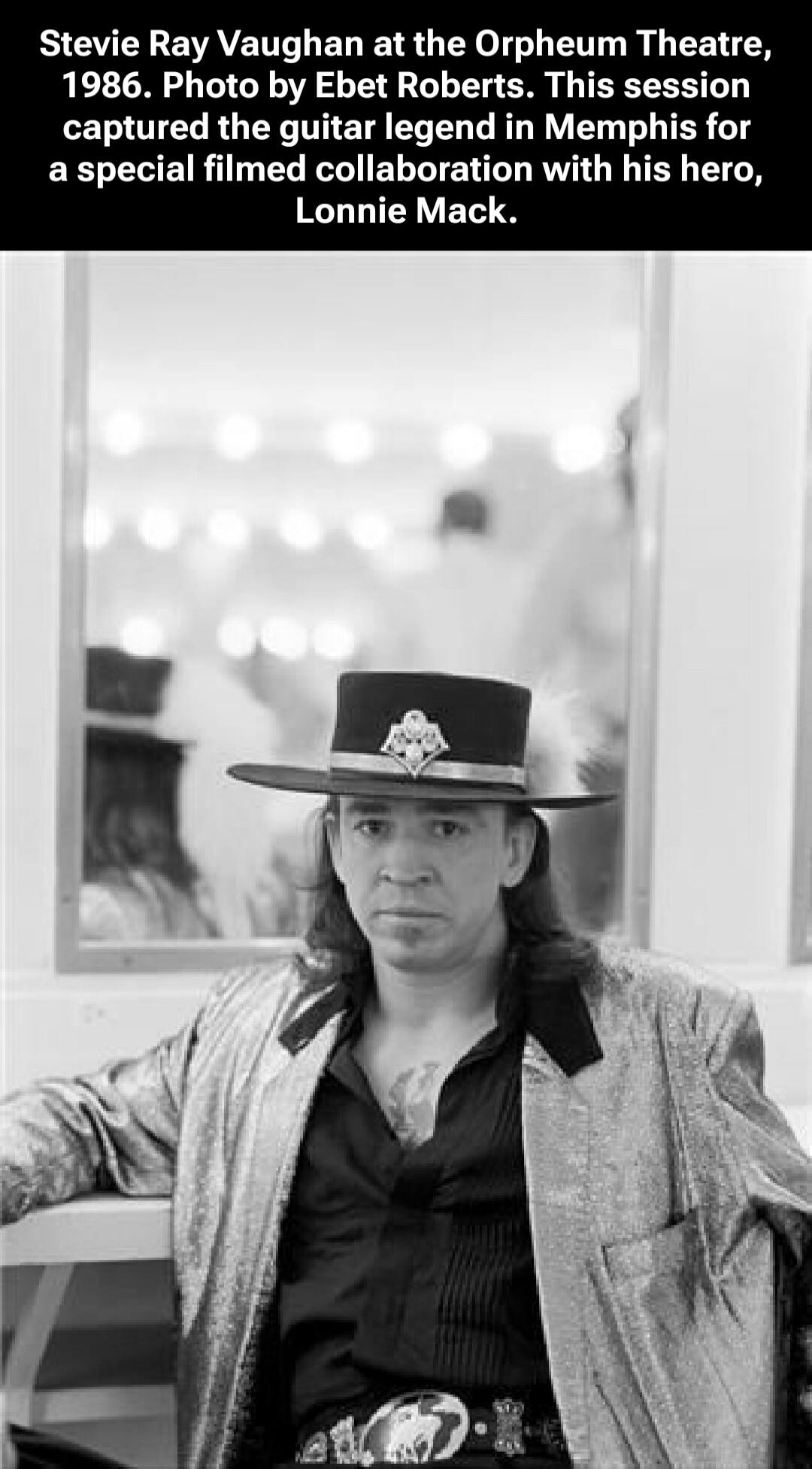 Stevie Ray Vaughan at the Orpheum Theatre, 1986. Photo by Ebet Roberts. This session captured the guitar legend in Memphis for a special filmed collaboration with his hero, Lonnie Mack.
