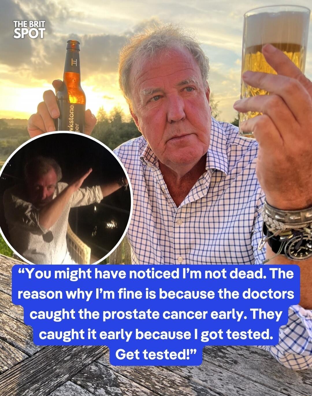 THE BRIT SPOT. Hawkstone Lager. You might have noticed I'm not dead. The reason why I'm fine is because the doctors caught the prostate cancer early. They caught it early because I got tested. Get tested!