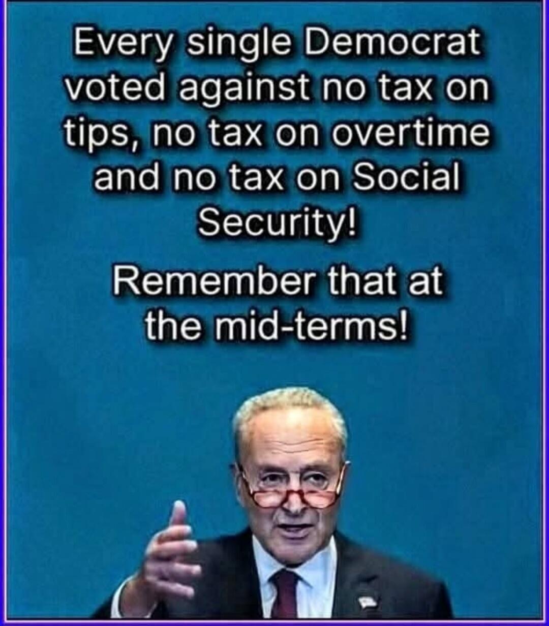 Every single Democrat voted against no tax on tips, no tax on overtime and no tax on Social Security! Remember that at the mid-terms!
