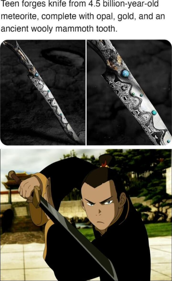 orges knite from 45 billion year old meteorite complete with opal gold and an ncient wooly mammoth tooth