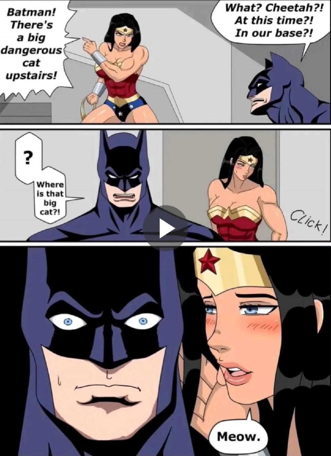 Batman! There's a big dangerous cat upstairs!
What? Cheetah?! At this time?! In our base?!
?
Where is that big cat?!
Meow.