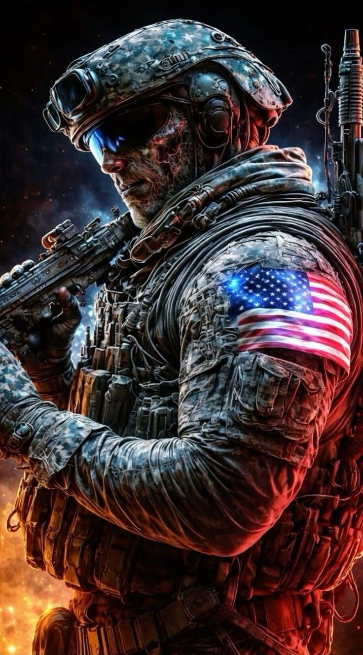 A heavily armored soldier with American flag patch.