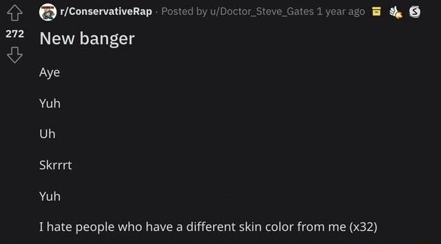 4 rConservativeRap Posted by uDoctor Steve Gates 1yearazo B dy 72 New banger Aye Yuh skerrt Yuh 1hate people who have a different skin color from me x32