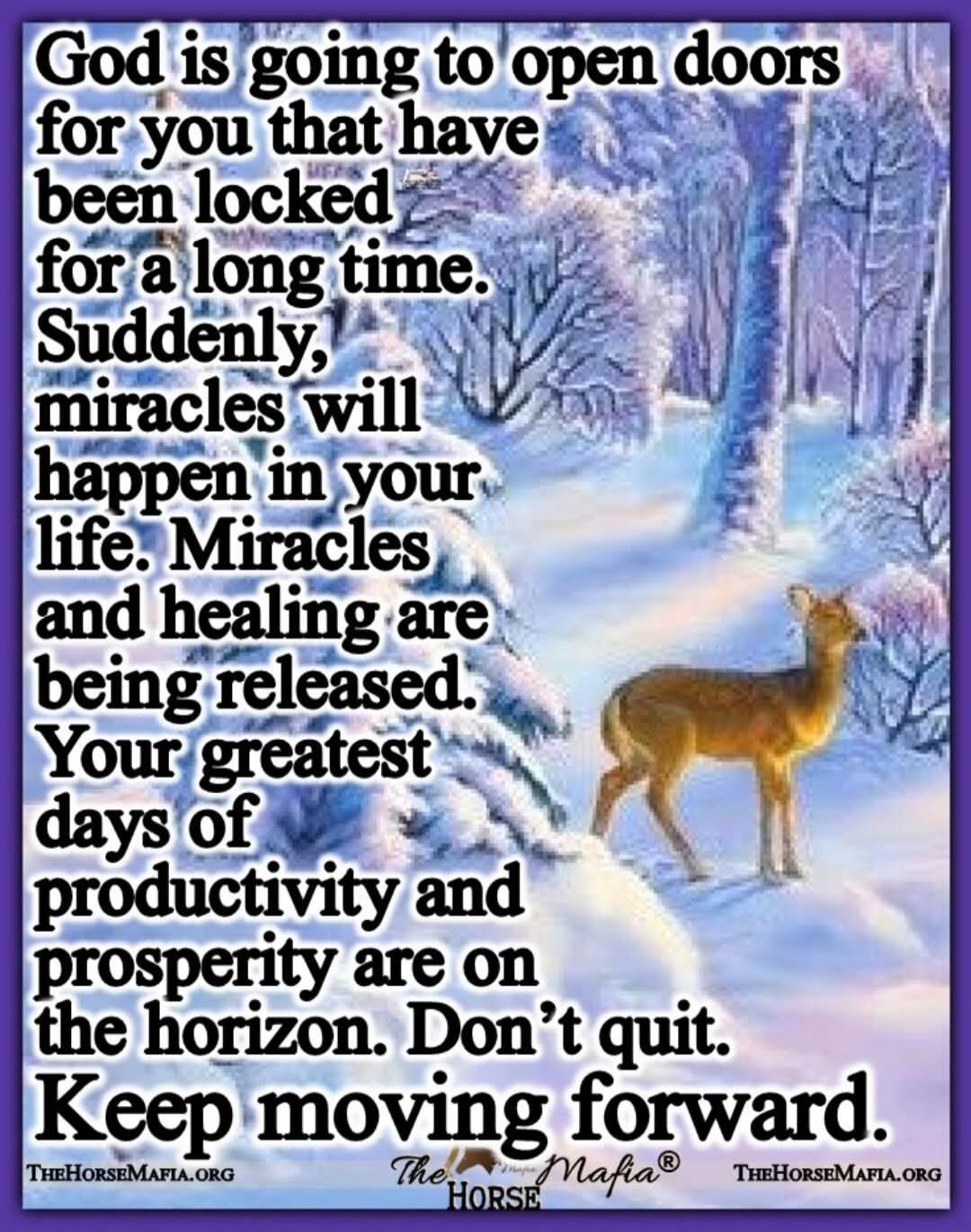 God is going to open doors for you that have been locked for a long time. Suddenly, miracles will happen in your life. Miracles and healing are being released. Your greatest days of productivity and prosperity are on the horizon. Don’t quit. Keep moving forward.