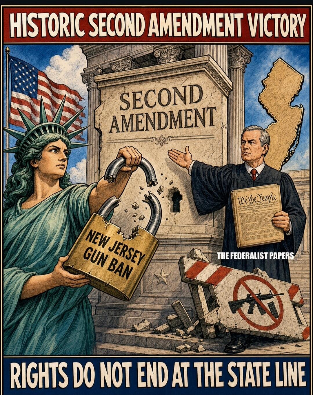HISTORIC SECOND AMENDMENT VICTORY SECOND AMENDMENT NEW JERSEY GUN BAN We the People THE FEDERALIST PAPERS RIGHTS DO NOT END AT THE STATE LINE