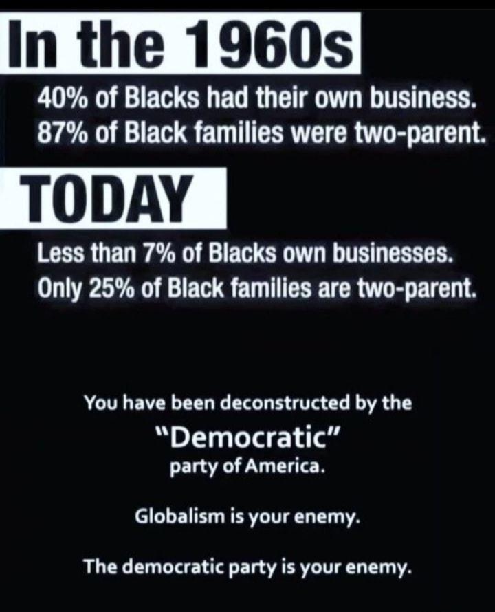 In the 1960s 40 of Blacks had their own business 87 of Black families were two parent TODAY CEER OFU AR G E T T VTR EEEEES AN R T EHETCR TR ETCN You have been deconstructed by the Democratic party of America L1 ENE NSV I T YA The democratic party is your enemy