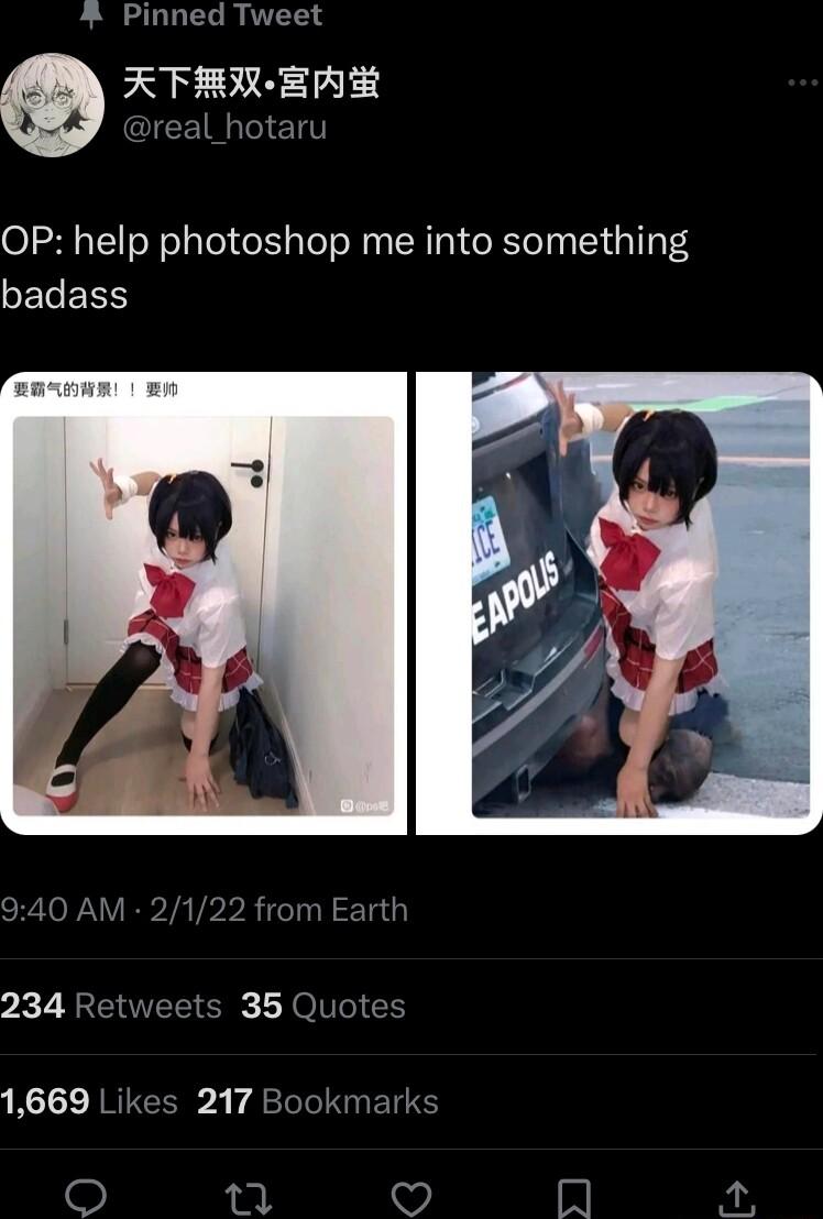 Pinned Tweet RTER ZHH IEETR e OP help photoshop me into something GELERN 940 AM 2122 from Earth 234 Retweets 35 Quotes et 1669 Likes 217 Bc IS L b w0 In o A