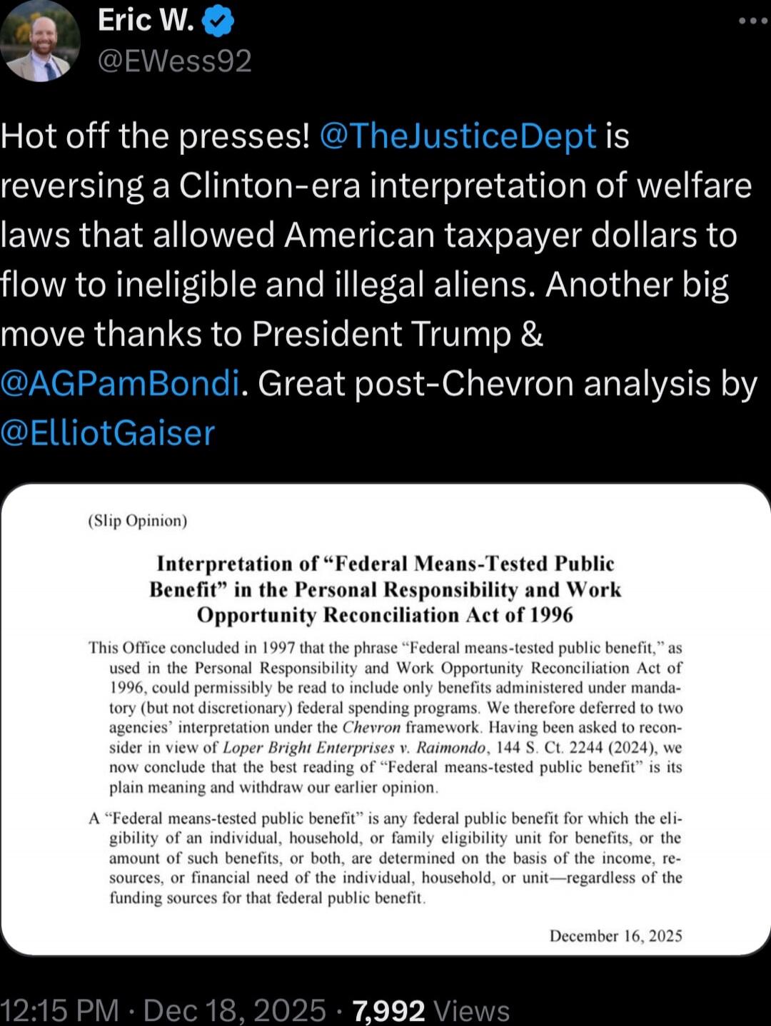 Hot off the presses! @TheJusticeDept is reversing a Clinton-era interpretation of welfare laws that allowed American taxpayer dollars to flow to ineligible and illegal aliens. Another big move thanks to President Trump & @AGPamBondi. Great post-Chevron analysis by @ElliotGaiser

(embedded image text)
Slip Opinion
Interpretation of “Federal Means-Te