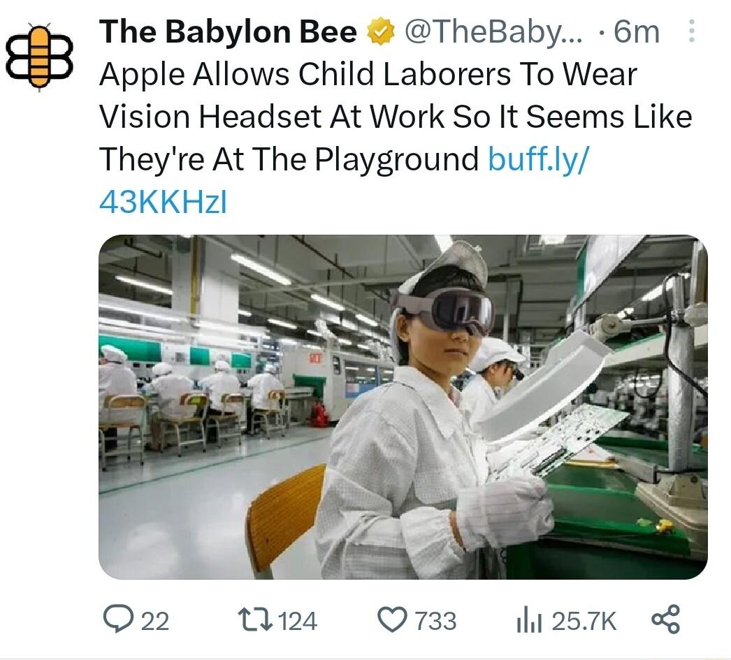 The Babylon Bee TheBaby 6m Apple Allows Child Laborers To Wear Vision Headset At Work So It Seems Like Theyre At The Playground buffly vdl Q2 124 Q733 257K