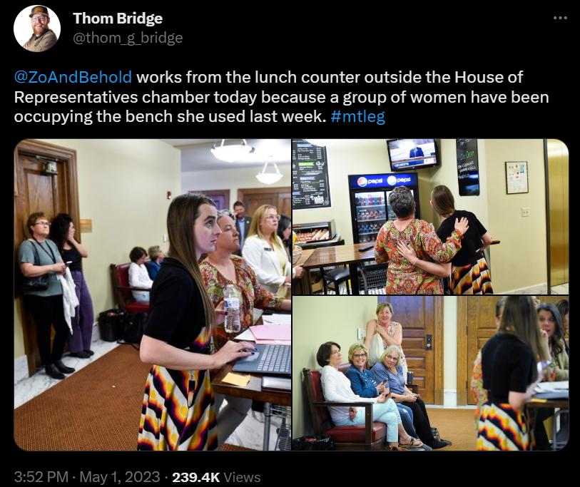 e ZoAndBehold works from the lunch counter outside the House of Representatives chamber today because a group of women have been occupying the bench she used last week imtleg