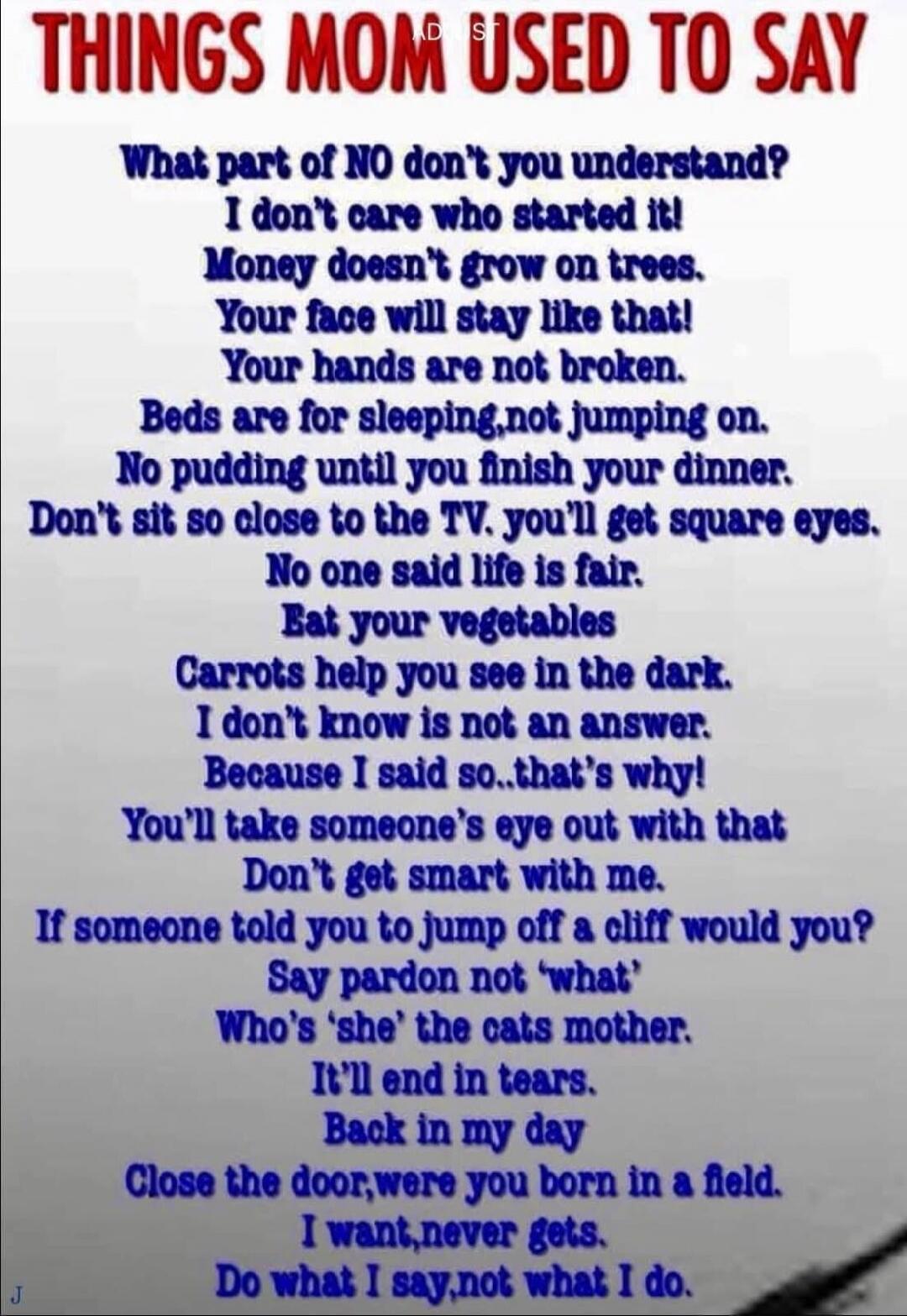 THINGS MOMS USED TO SAY

What part of NO don’t you understand? I don’t care who started it! Money doesn’t grow on trees. Your face will stay like that! Your hands are not broken. Beds are for sleeping, not jumping on. No pudding until you finish your dinner. Don’t sit so close to the TV, you’ll get square eyes. No one said life is fair. Eat your ve