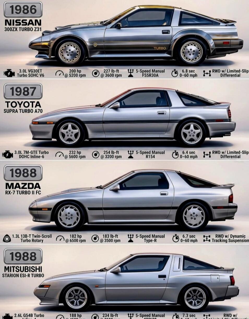 1986 NISSAN 300ZX TURBO Z31 3.0L VG30ET Turbo SOHC V6 200 hp @ 5200 rpm 227 lb-ft @ 3600 rpm 5-Speed Manual FS5R30A 6.8 sec 0-60 mph RWD w/ Limited-Slip Differential 1987 TOYOTA SUPRA TURBO A70 3.0L 7M-GTE Turbo DOHC Inline-6 232 hp @ 5600 rpm 254 lb-ft @ 3200 rpm 5-Speed Manual R154 6.4 sec 0-60 mph RWD w/ Limited-Slip Differential 1988 MAZDA RX-7
