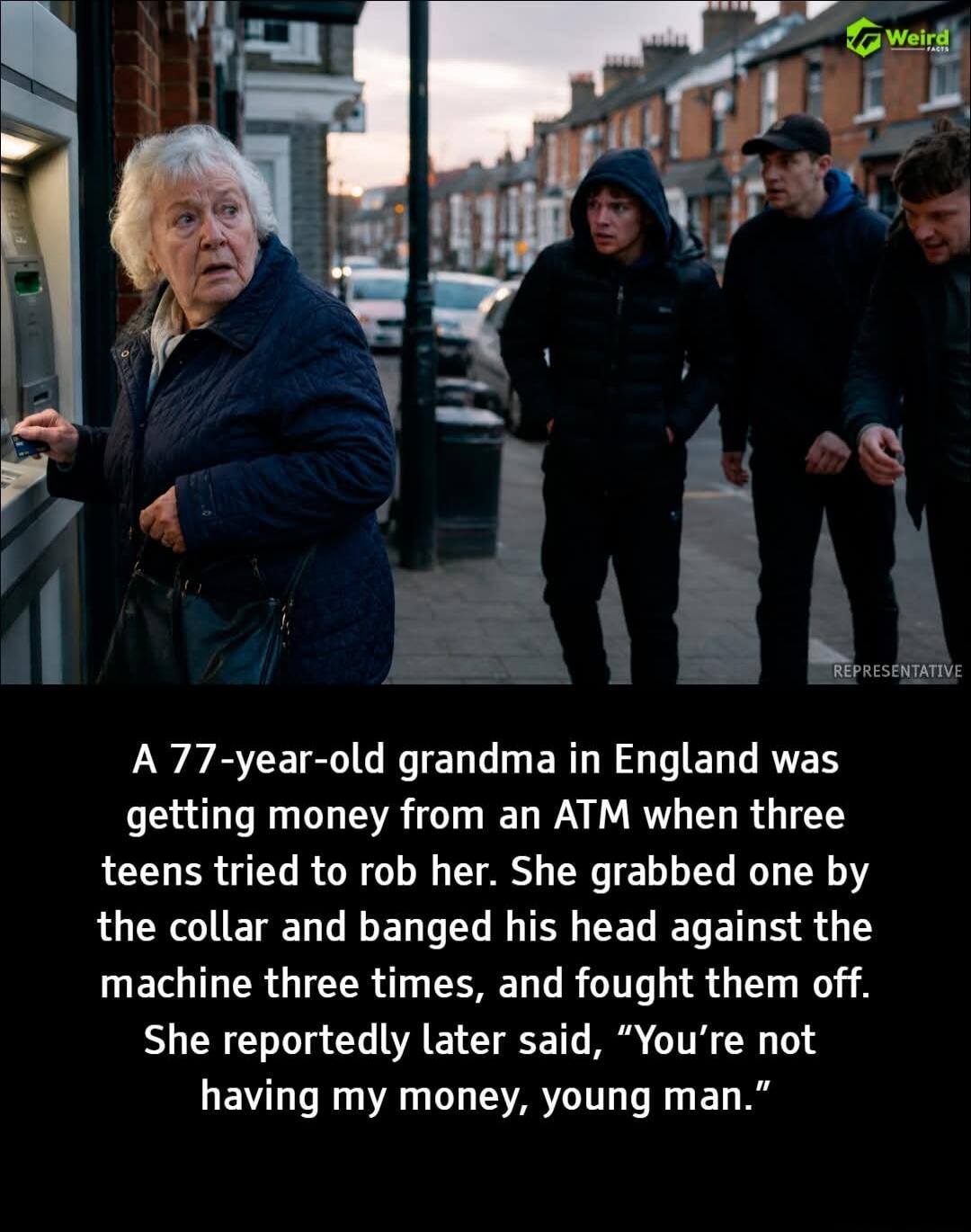 A 77-year-old grandma in England was getting money from an ATM when three teens tried to rob her. She grabbed one by the collar and banged his head against the machine three times, and fought them off. She reportedly later said, 