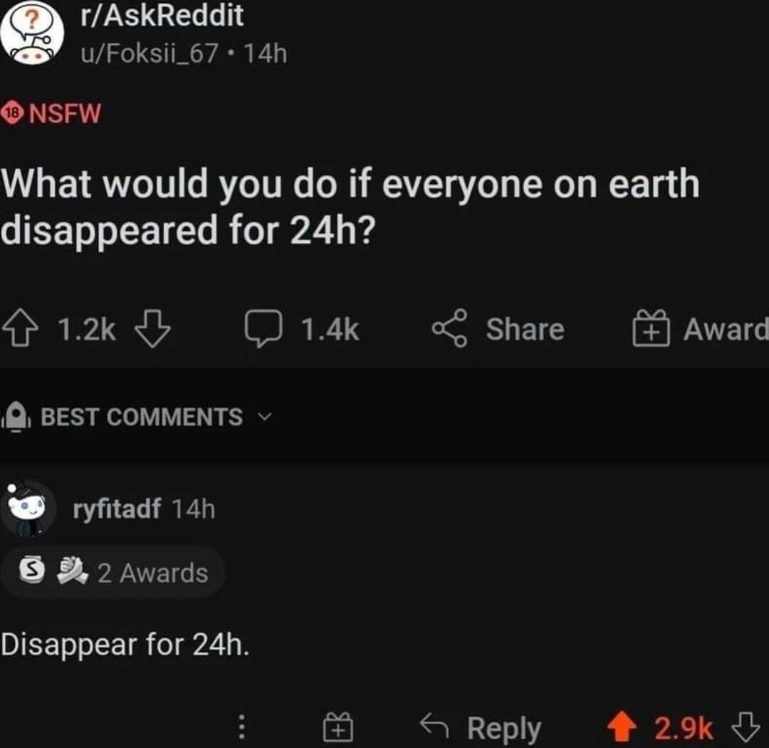 rAskReddit UFoksii_67 14h O NSFW What would you do if everyone on earth GIEEN LT BT 2 12k D14k L share Q BEST COMMENTS PUELS ryfitad 140 O 2 Awards DIEENLLEEIS I 2 Reply 4 29k