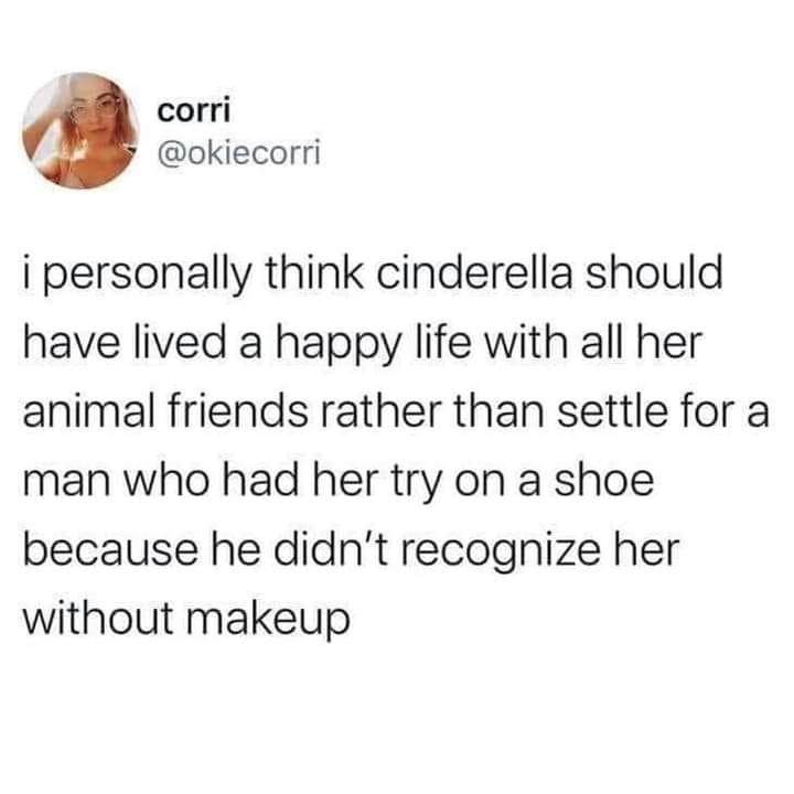 corri okiecorri i personally think cinderella should have lived a happy life with all her animal friends rather than settle for a man who had her try on a shoe because he didnt recognize her without makeup