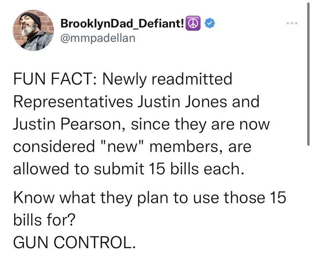 BrooklynDad_Defiant mmpadellan FUN FACT Newly readmitted Representatives Justin Jones and Justin Pearson since they are now considered new members are allowed to submit 15 bills each Know what they plan to use those 15 bills for GUN CONTROL