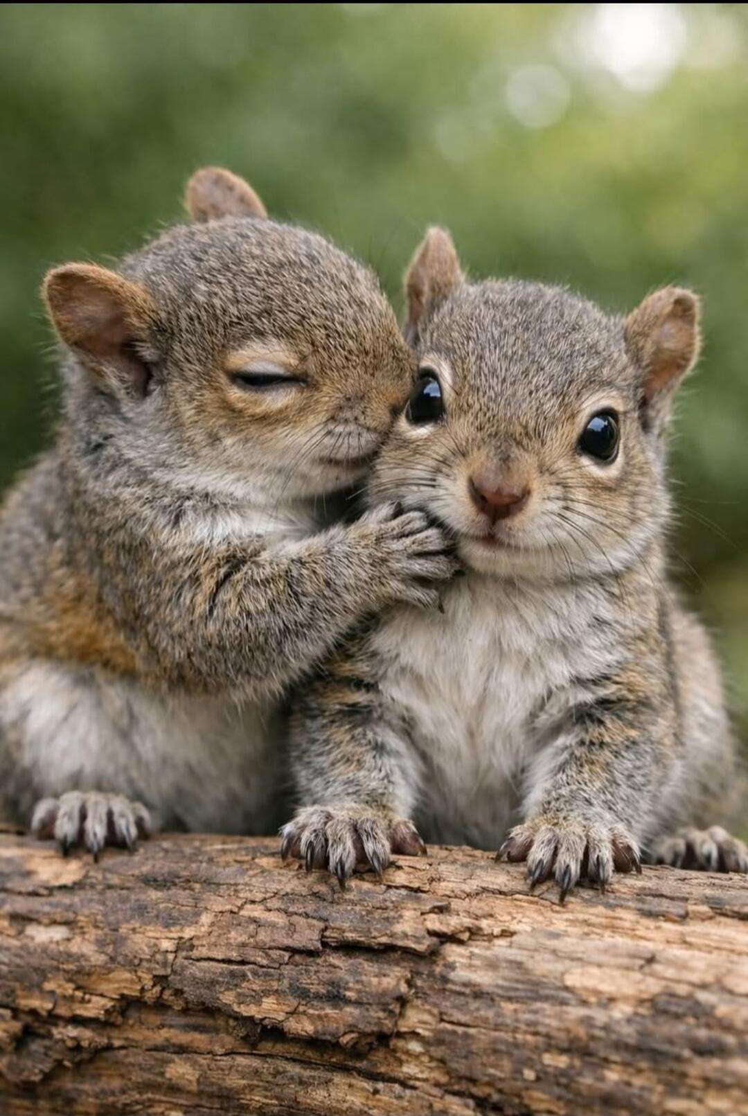 Two adorable baby squirrels are sitting on a log. One squirrel is gently touching the other's face, appearing to whisper or nuzzle, while the other looks directly at the camera with wide, innocent eyes. The scene conveys warmth and affection.