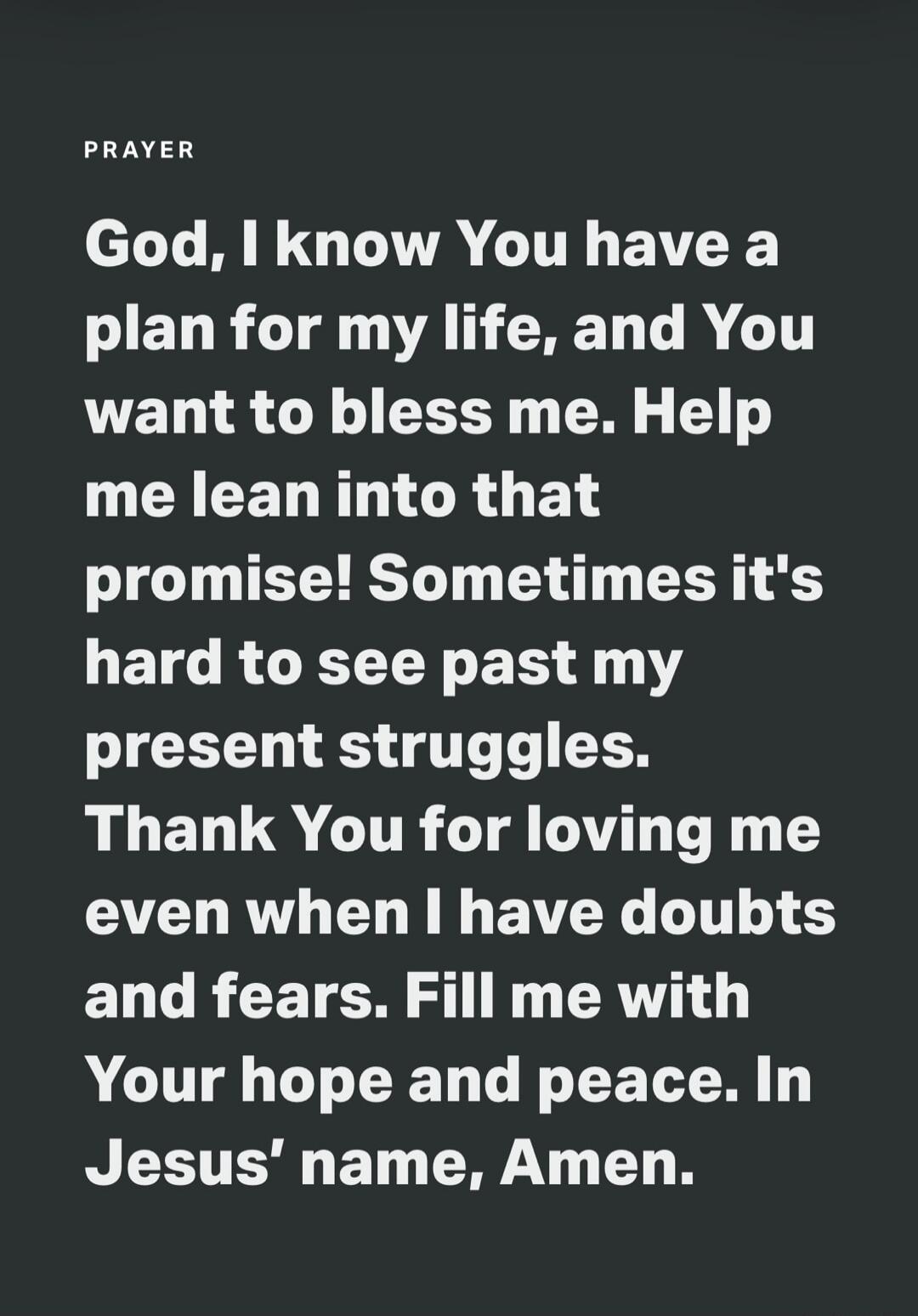 PRAYER God, I know You have a plan for my life, and You want to bless me. Help me lean into that promise! Sometimes it's hard to see past my present struggles. Thank You for loving me even when I have doubts and fears. Fill me with Your hope and peace. In Jesus' name, Amen.