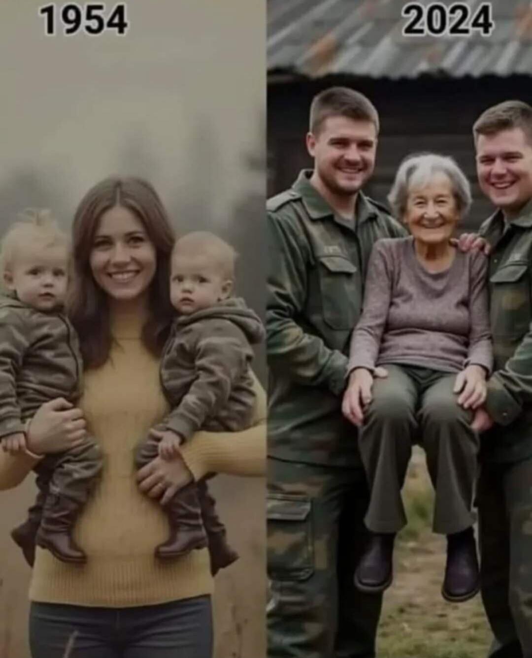 1954 2024. A young woman holds two babies in camouflage clothes. An elderly woman is held by two adult men in military uniforms.