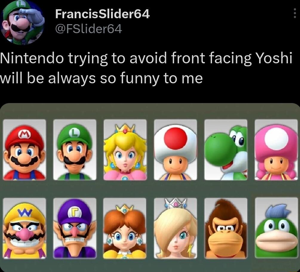 FrancisSlider64 o FSlider64 Nintendo trying to avoid front facing Yoshi will be always so funny to me