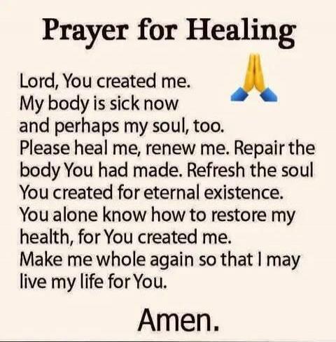 Prayer for Healing
Lord, You created me. My body is sick now and perhaps my soul, too. Please heal me, renew me. Repair the body You had made. Refresh the soul You created for eternal existence. You alone know how to restore my health, for You created me. Make me whole again so that I may live my life for You.
Amen.