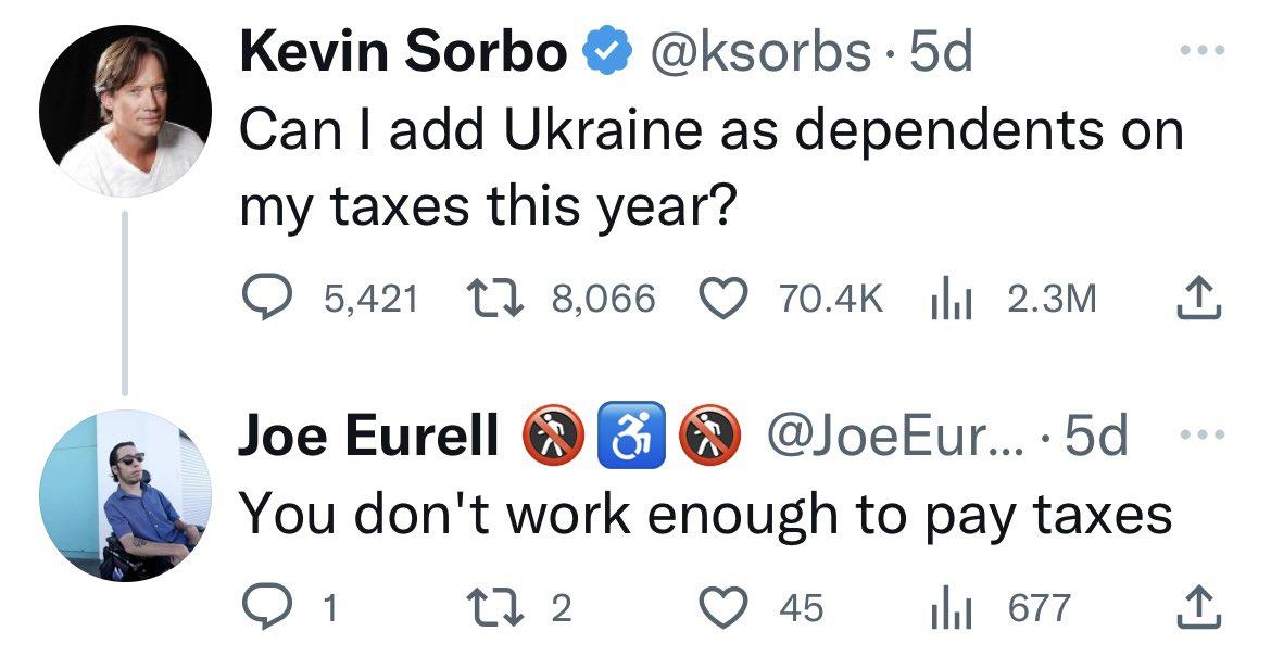 Kevin Sorbo ksorbs 5d Can add Ukraine as dependents on my taxes this year 5421 13 8066 Q 704K 23v A Joe Eurell E JoeEur 5d You dont work enough to pay taxes Q1 2 Qs e