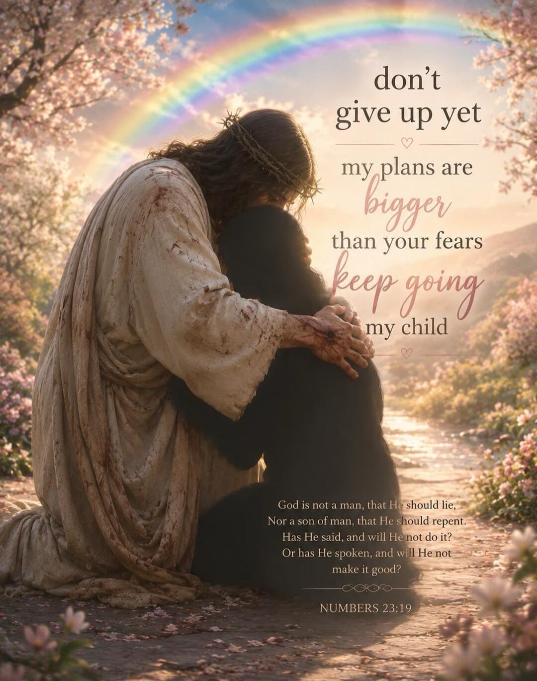 don't give up yet my plans are bigger than your fears keep going my child God is not a man, that He should lie, Nor a son of man, that He should repent. Has He said, and will He not do it? Or has He spoken, and will He not make it good? NUMBERS 23:19