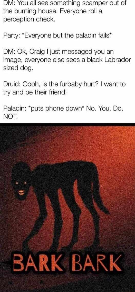 You all see something scamper out Of the burning house Everyone roll a perception check Party Everyone but the paladin fails DM Ok Craig just messaged you an image everyone else sees a black Labrador sized dog Druid Oooh is the furbaby hurt want to try and be their friend Paladin puts phone down No You Do NOT