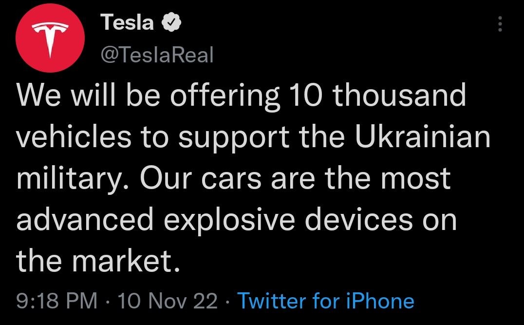 Tweet Tesla QEEEREE We will be offering 10 thousand VELIGEERRSIo olela R G EAVINETHIET military Our cars are the most ETeIVETaTelTo RNe oI IV W SV TotTRo T3 QNN ETEN 918 PM 10 Nov 22 Twitter for iPhone EERCVER O JOIVIER WEEICRR AR