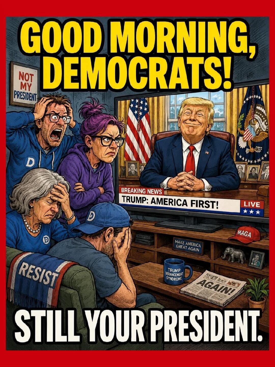 GOOD MORNING, DEMOCRATS! NOT MY PRESIDENT. BREAKING NEWS. TRUMP: AMERICA FIRST! LIVE. RESIST. STILL YOUR PRESIDENT. MAKE AMERICA GREAT AGAIN. TRUMP DERANGEMENT SYNDROME. AGAIN! MAGA.