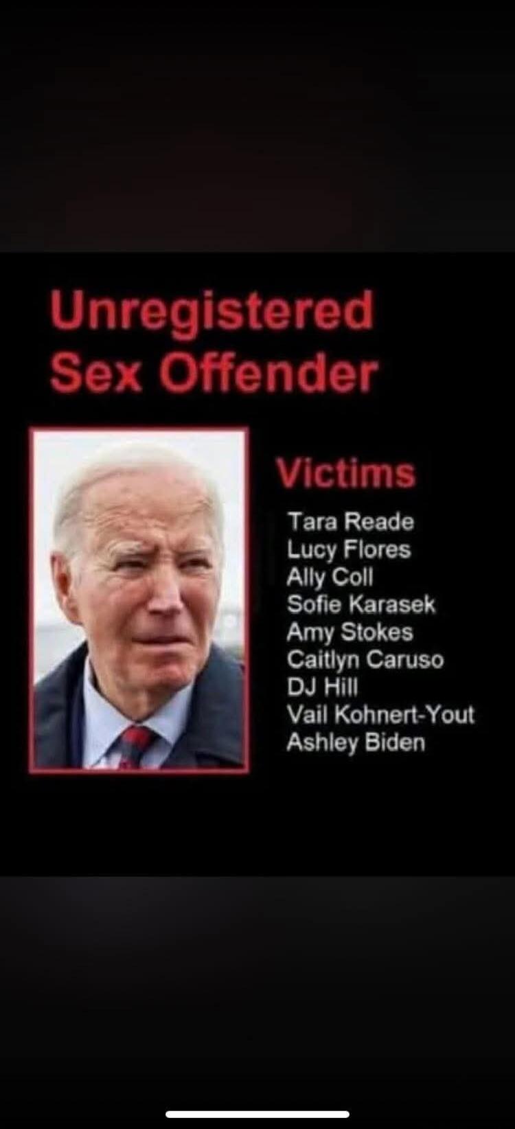 Unregistered Sex Offender Victims Tara Reade Lucy Flores Ally Coll Sofie Karasek Amy Stokes Caitlyn Caruso DJ Hill Vail Kohnert-Yout Ashley Biden