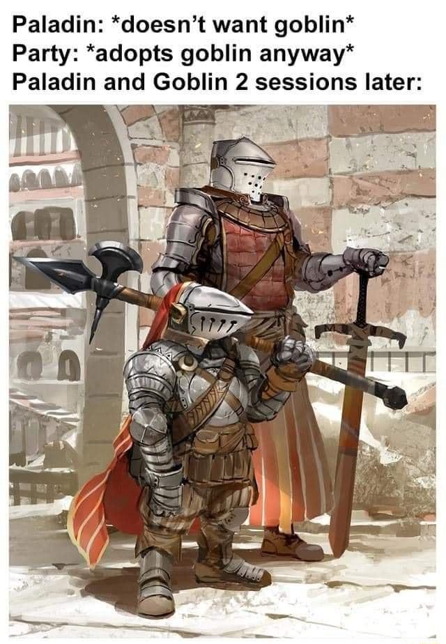 Paladin doesnt want goblin Party adopts goblin anyway Paladin and Goblin 2 sessions later N C e AT